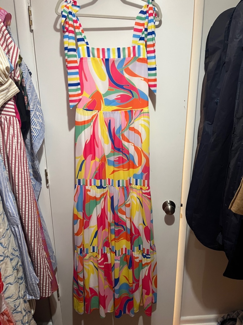 Multicolor Abstract Print Maxi Dress with Striped Ties